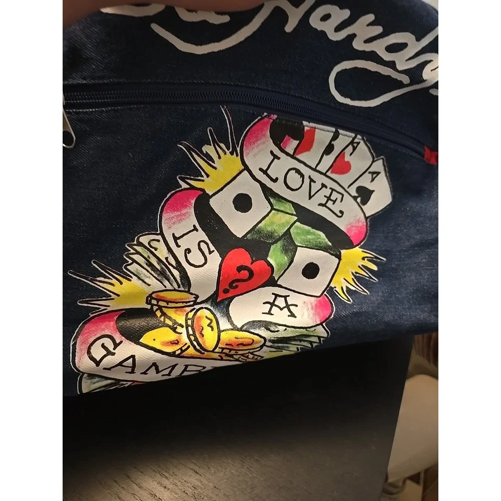 Ed Hardy Love is a Gamble Blue Zip Denim/Canvas Duffel Travel Gym Bag.